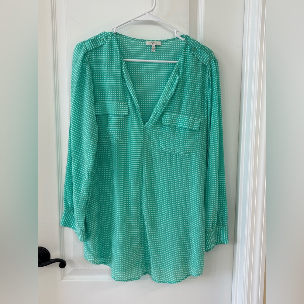 Joie Green 100% Silk Long-Sleeve Patterned Blouse Large